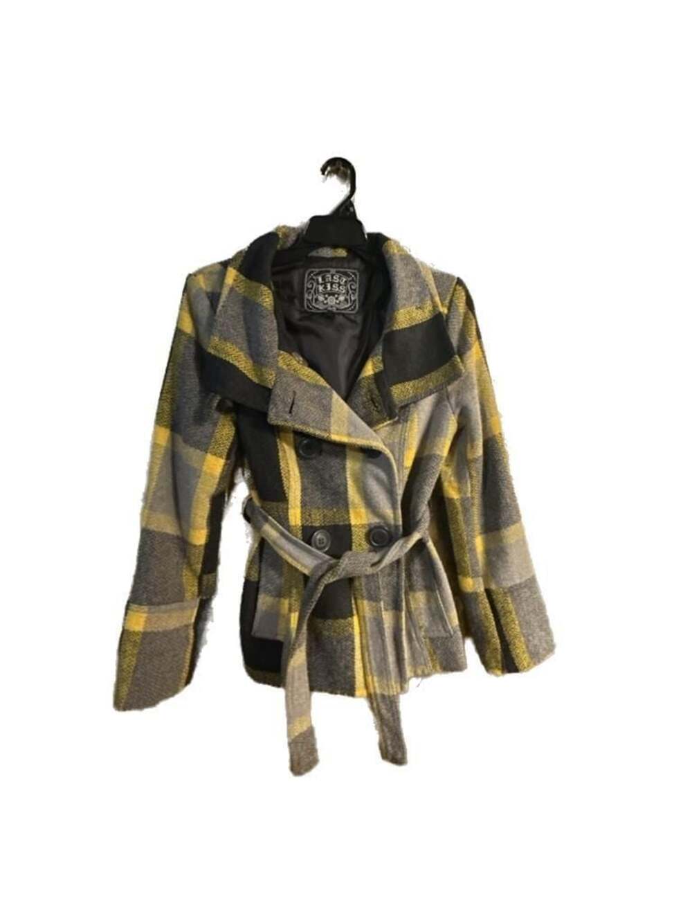 Last Kiss Women's Yellow and Grey Plaid Double-Breasted Belted Peacoat